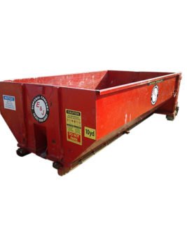 Side view of red 10 yard dumpster rental