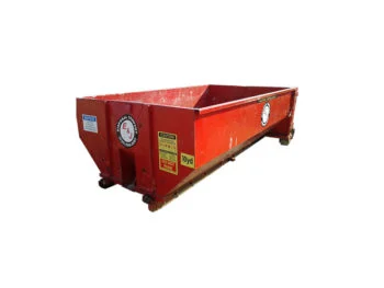 Side view of red 10 yard dumpster rental