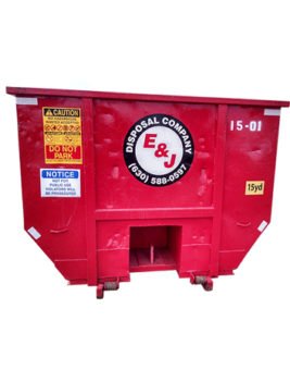 Front view of red 15 yard dumpster rental