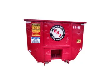 Front view of red 15 yard dumpster rental