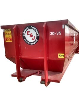 Side view of red 30 yard dumpster rental