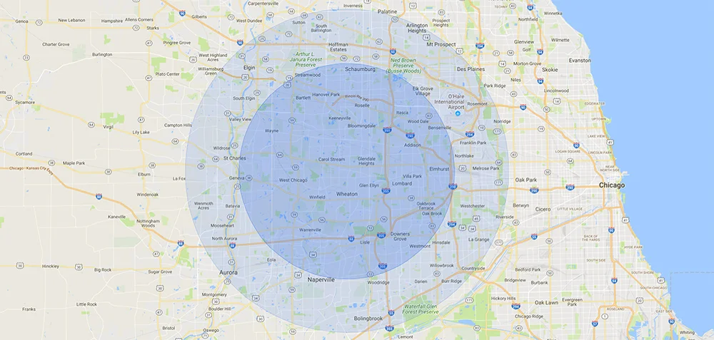 Coverage area for E&J Disposal's dumpster delivery with same day and next day service areas highlighted