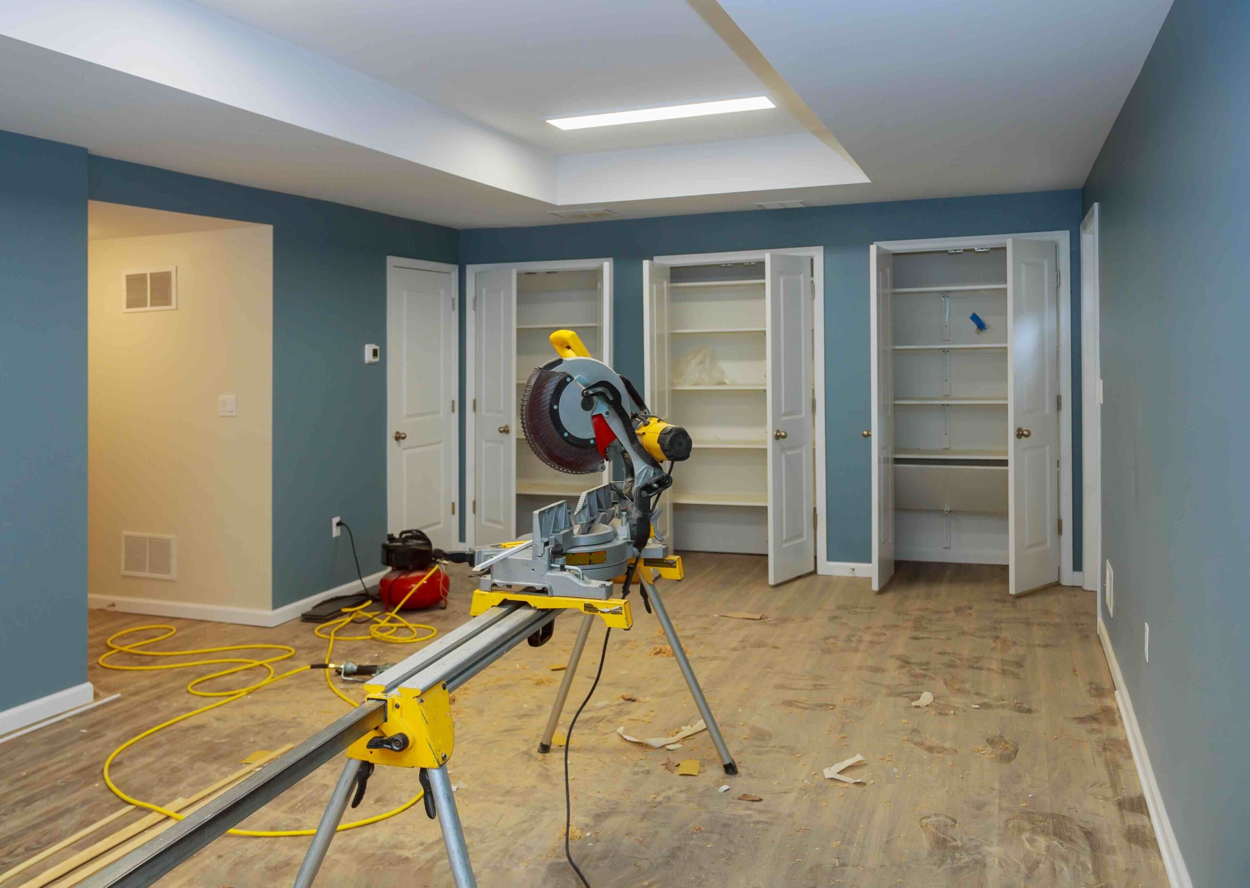 A photo of an ongoing basement remodel project.