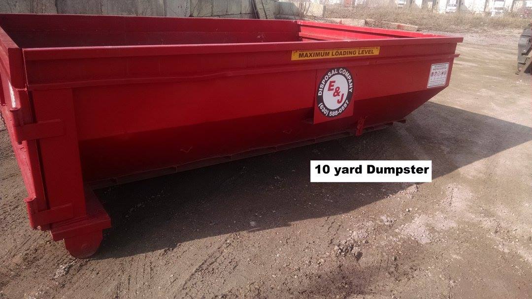A photo of a 10 yard dumpster in Aurora, IL, from E&J Disposal assisting in a cleanup project.