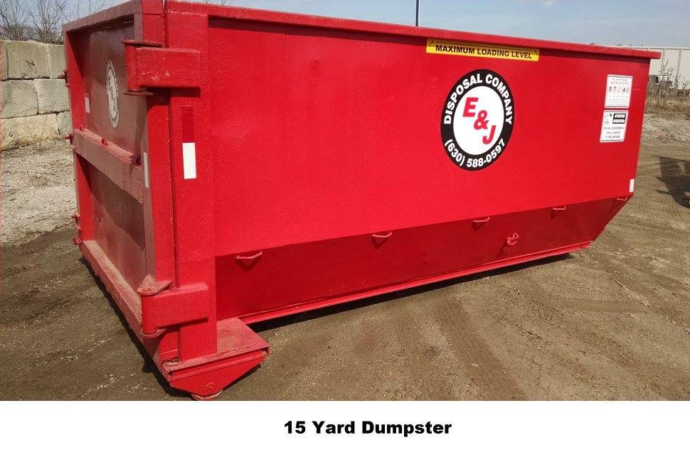 A photo of a 15 yard dumpster rental from E&J Disposal Company n Aurora, IL, to help homeowners clean up their property.